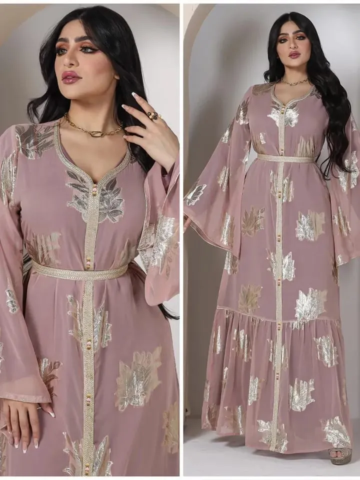 Floral Gold Stamping Chiffon Kaftans for Women Dubai Arabic Dress Moroccan Evening Party Wedding Abaya Islam Muslim Eid Jalabiya