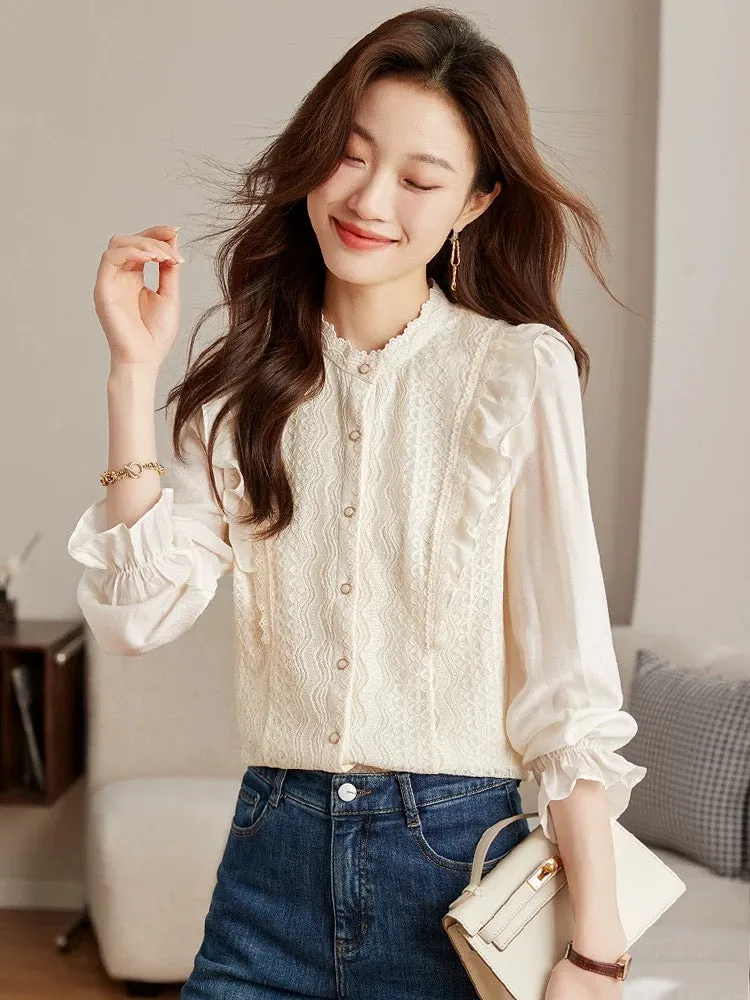 French style shirts for women 2024 autumn new high-end long-sleeved lace shirt tops and stylish shirts