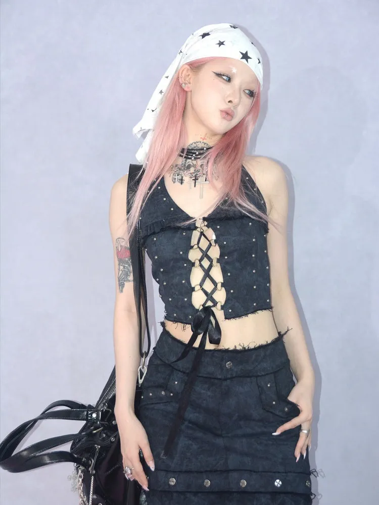 Lace-Up Sexy Cropped Tight Pale Tops