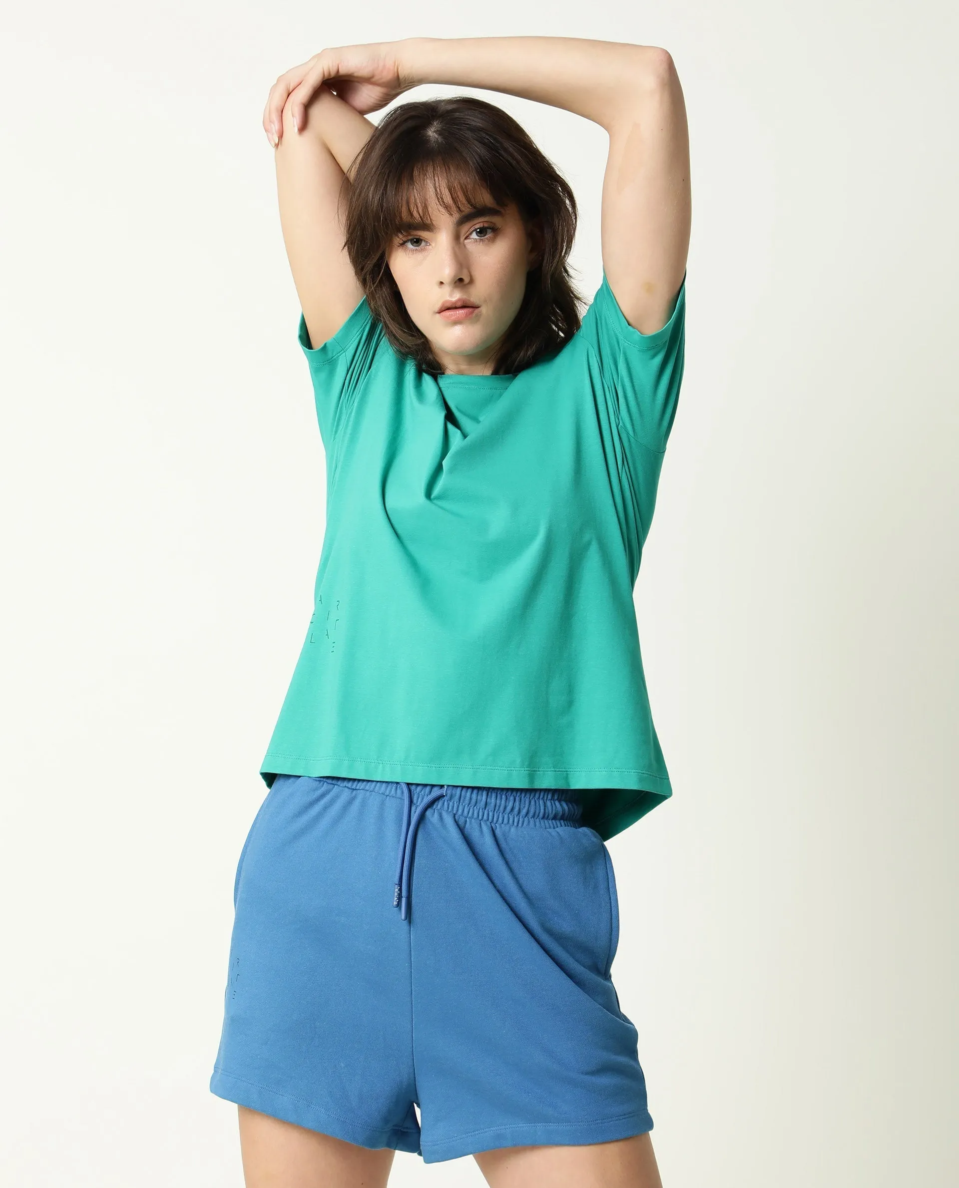 Rareism Women Ciri Petrol Cotton Poly Fabric Relaxed Fit Solid Mid Rise Shorts