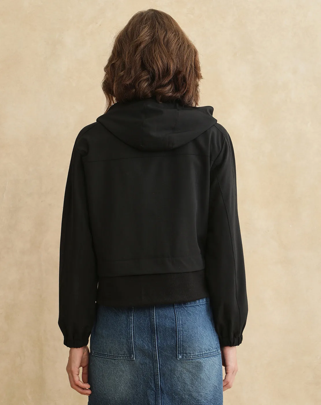 Rareism Women Hoian Black Ribbed Sleeve Collared Neck Zipper Closure Plain Jacket