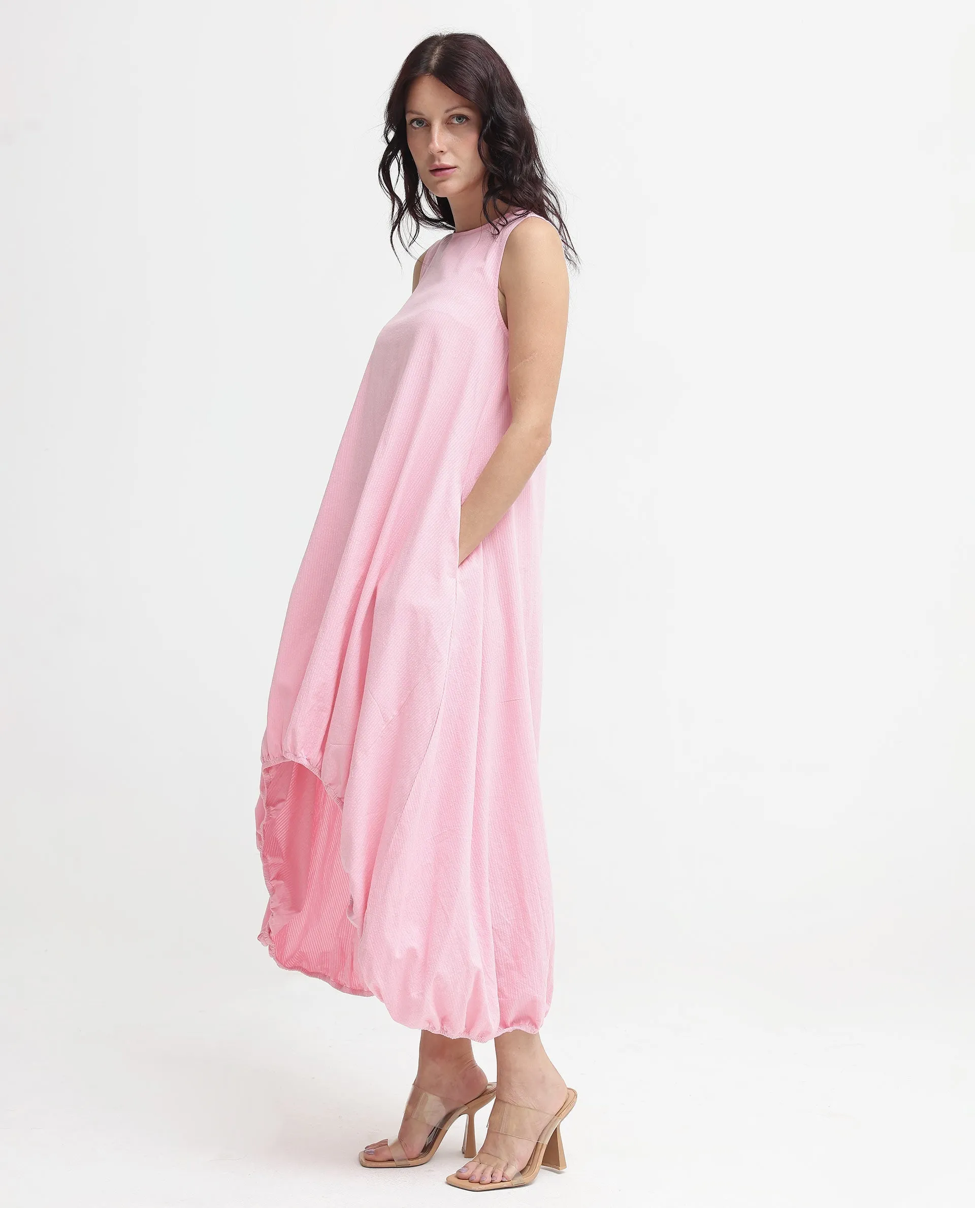 Rareism Women Zakura Dusky Pink Zipper Closure Sleeveless Crew Neck Balloon Fit Plain Maxi Dress