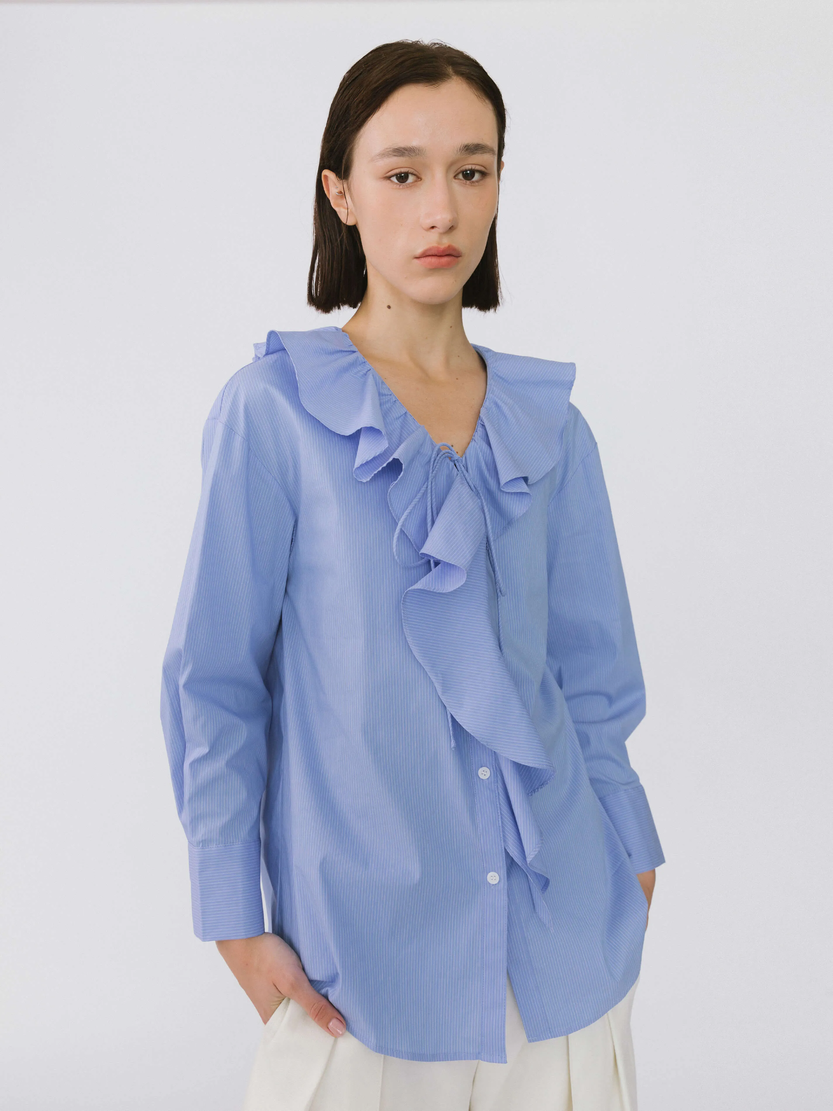 Ruffle Collar Striped Shirt