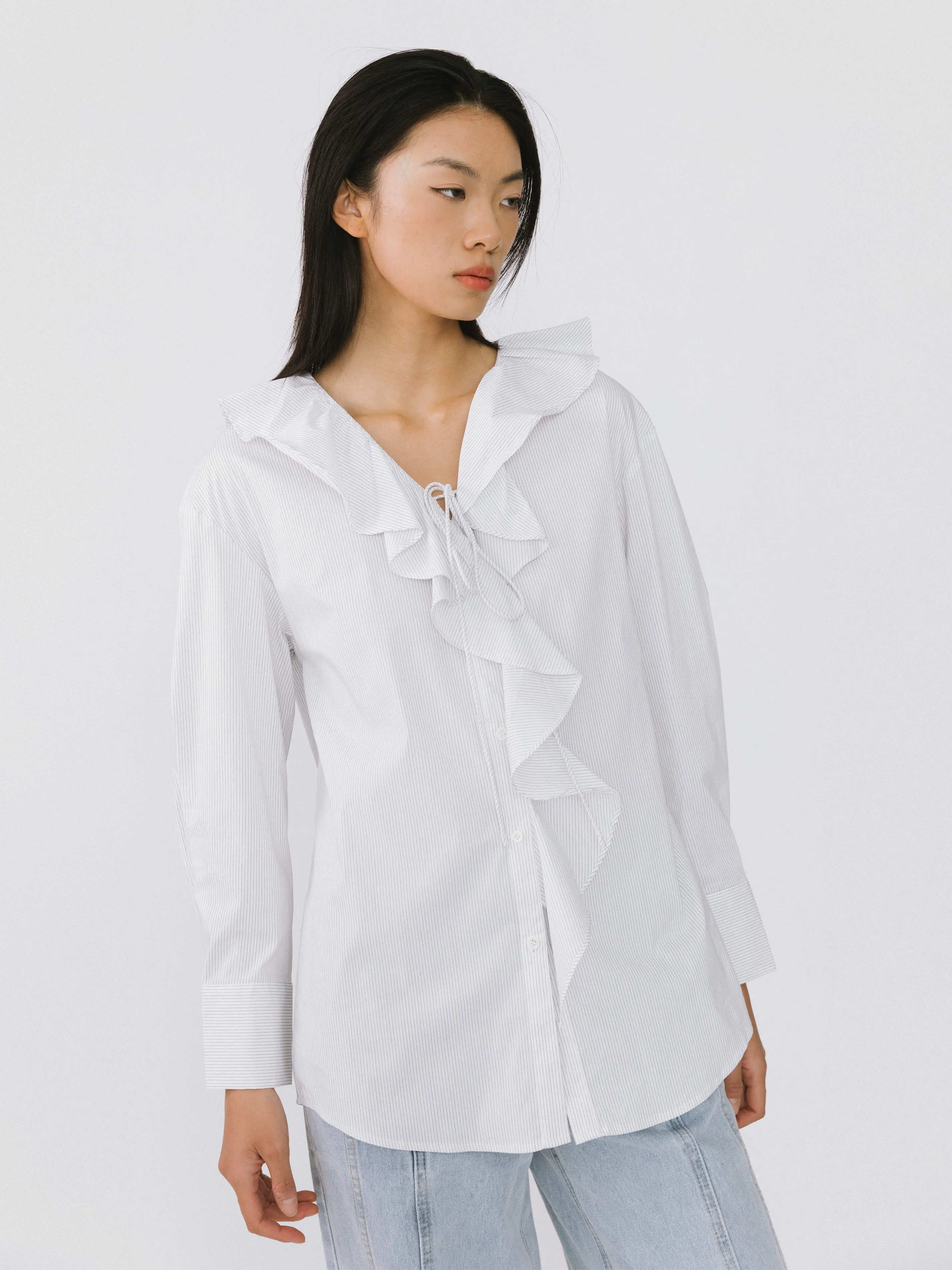 Ruffle Collar Striped Shirt