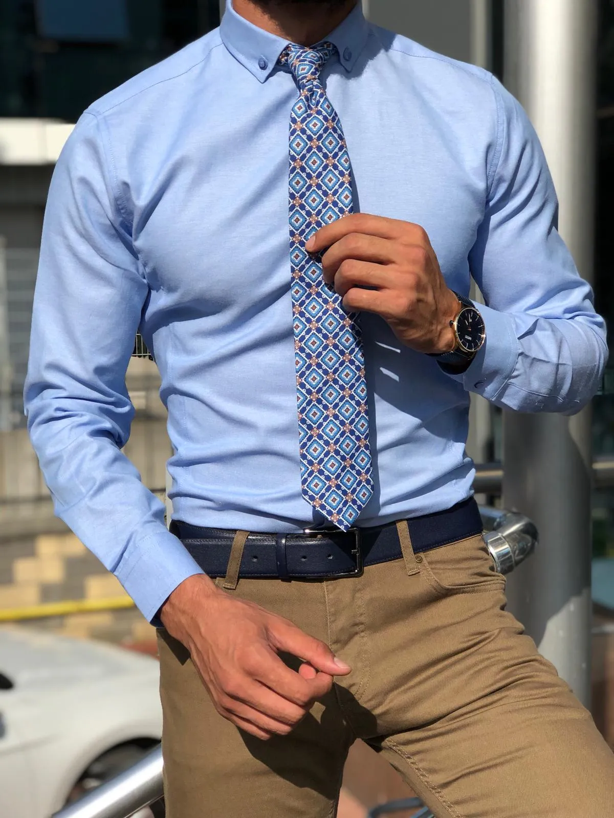 Slim-Fit Button Collar Shirt Blue