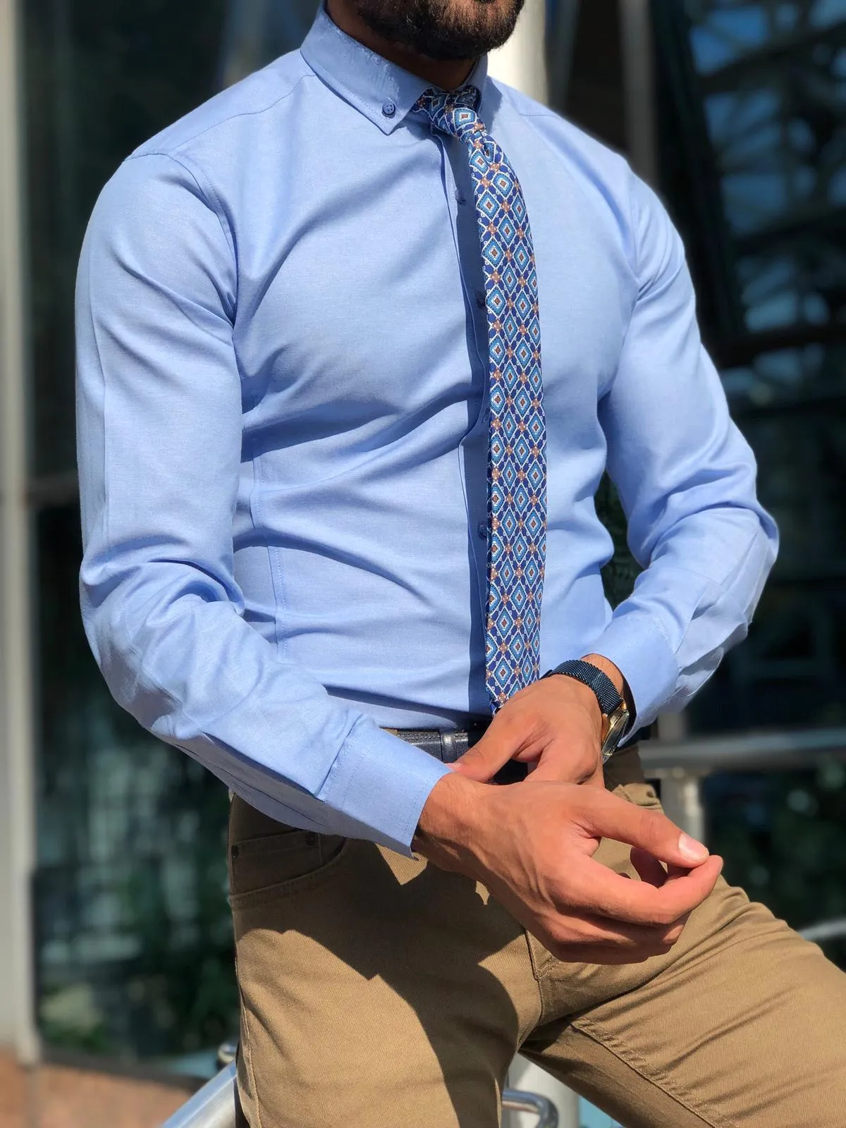 Slim-Fit Button Collar Shirt Blue