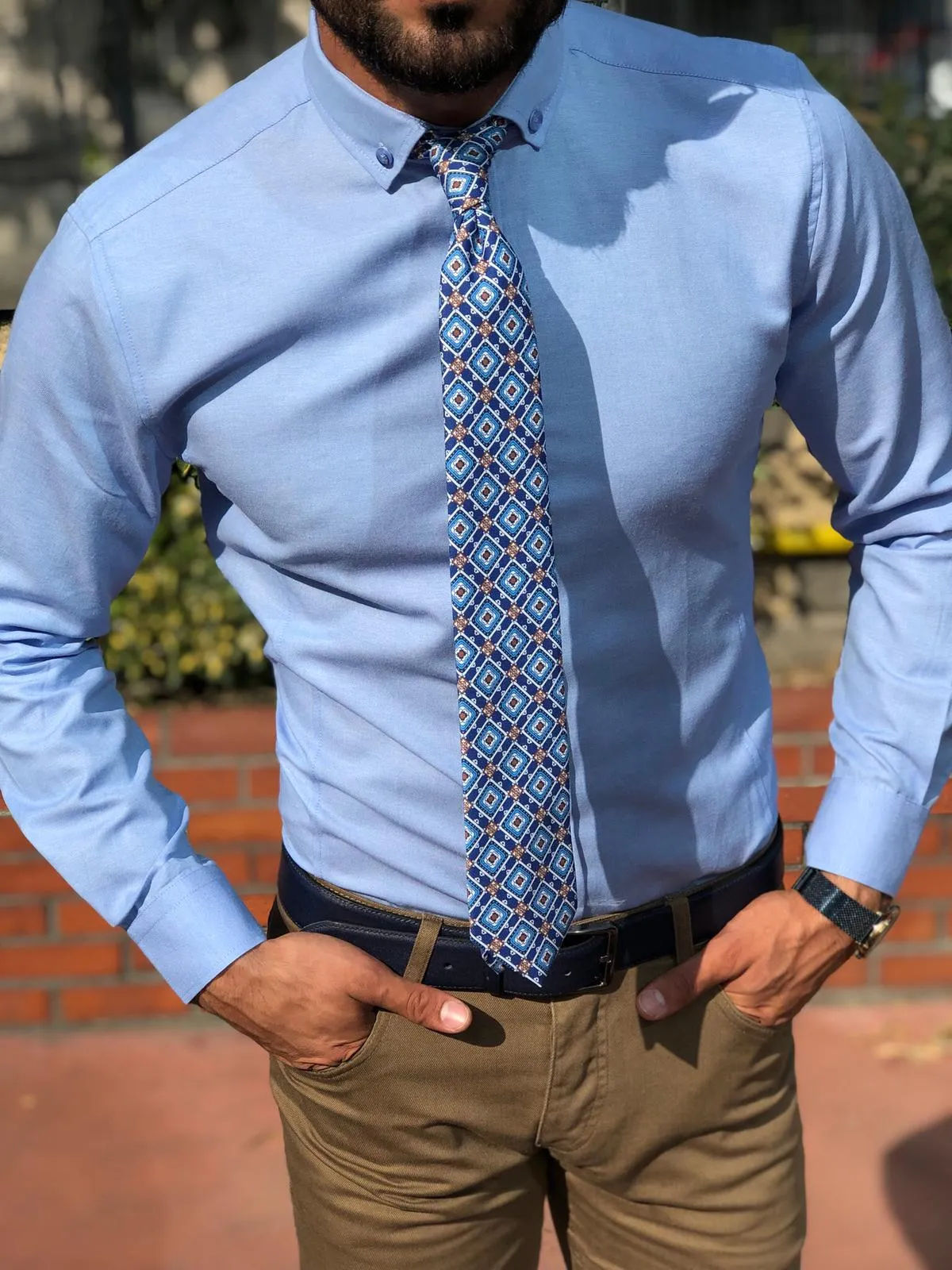 Slim-Fit Button Collar Shirt Blue