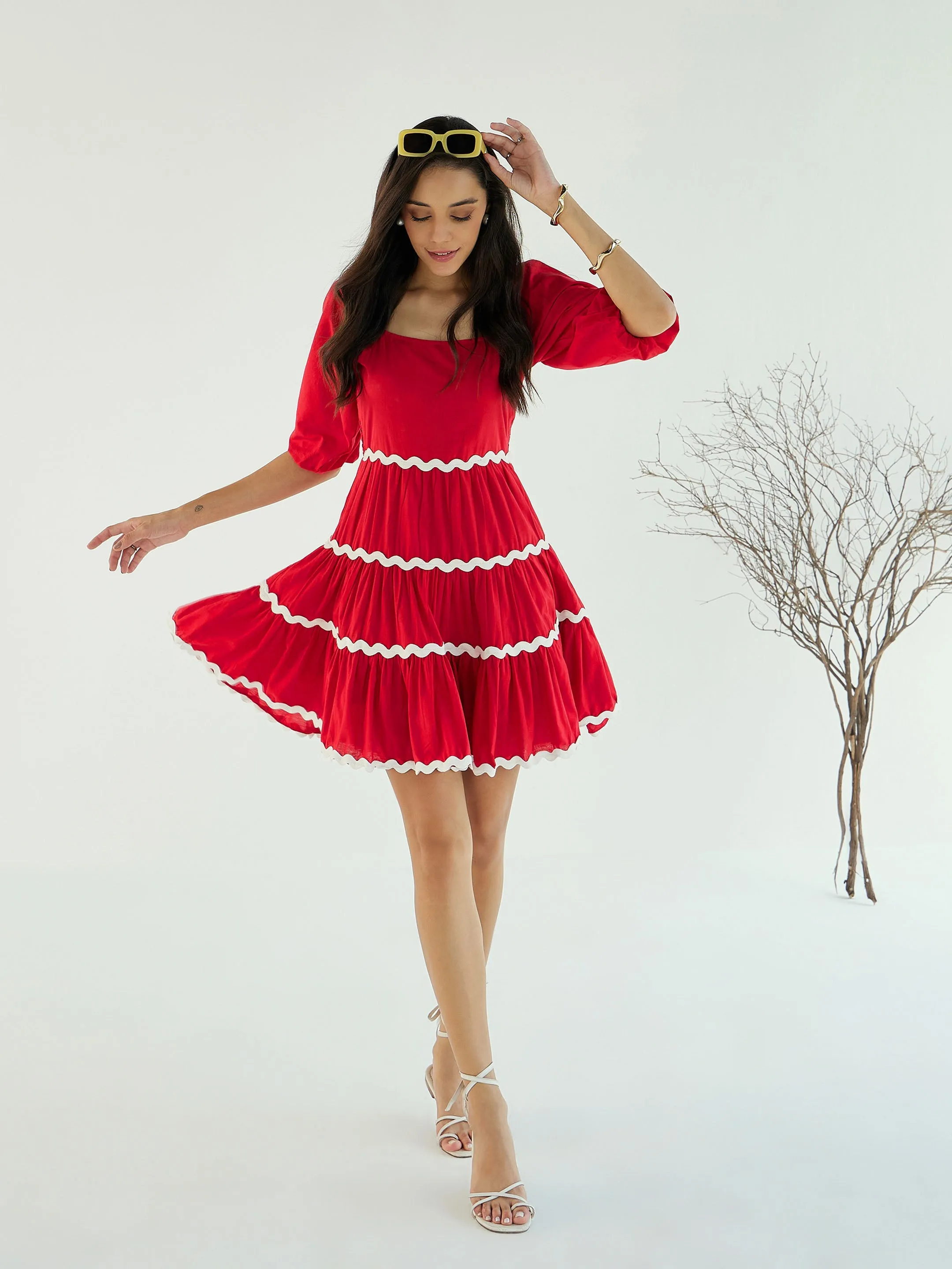 Women Red Ric Rac Lace Flared Short Dress