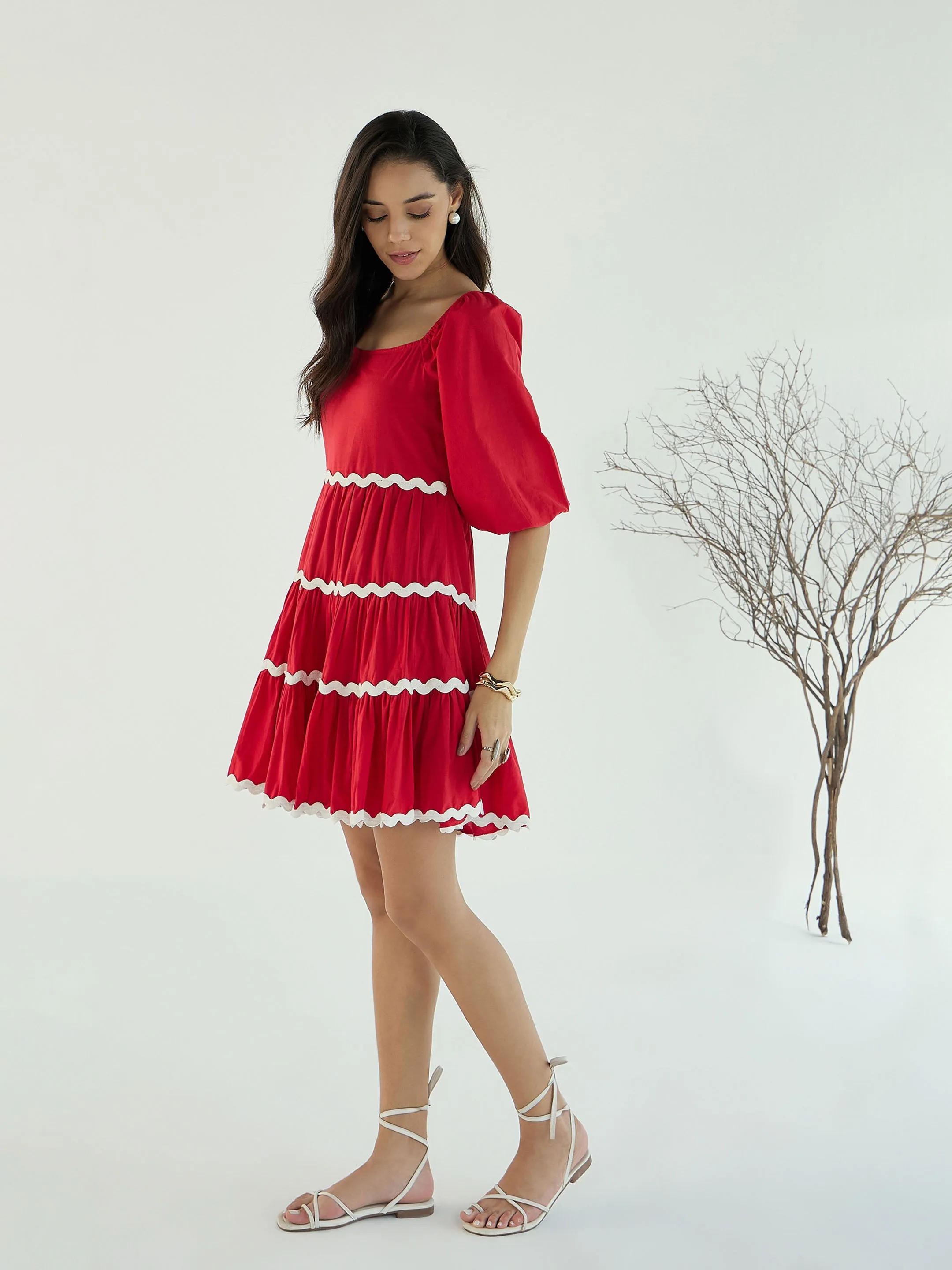 Women Red Ric Rac Lace Flared Short Dress